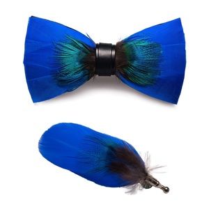 Men’s Faux Leather and Feather Pre Tied Bow Tie and Lapel Gift box Set Blue